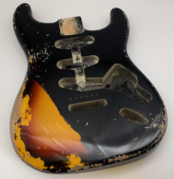 Nitro Lacquer Relic Black Over 3 Tone Sunburst S-Style Guitar Body (4lbs 3oz) - Image 3