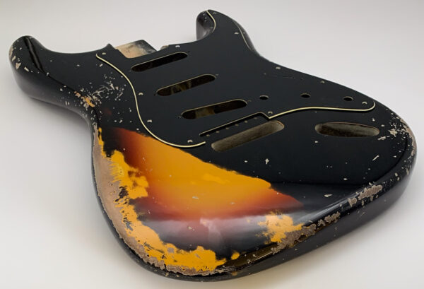 Nitro Lacquer Relic Black Over 3 Tone Sunburst S-Style Guitar Body (4lbs 3oz) - Image 5