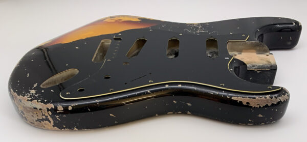 Nitro Lacquer Relic Black Over 3 Tone Sunburst S-Style Guitar Body (4lbs 3oz) - Image 12