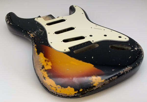 Nitro Lacquer Relic Black Over 3 Tone Sunburst S-Style Guitar Body (4lbs 3oz) - Image 6