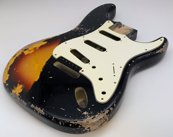 Nitro Lacquer Relic Black Over 3 Tone Sunburst S-Style Guitar Body (4lbs 3oz) - Image 8