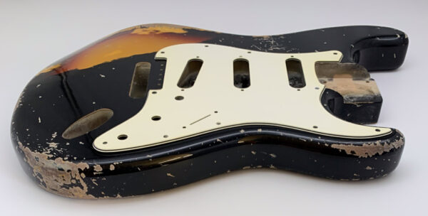 Nitro Lacquer Relic Black Over 3 Tone Sunburst S-Style Guitar Body (4lbs 3oz) - Image 11