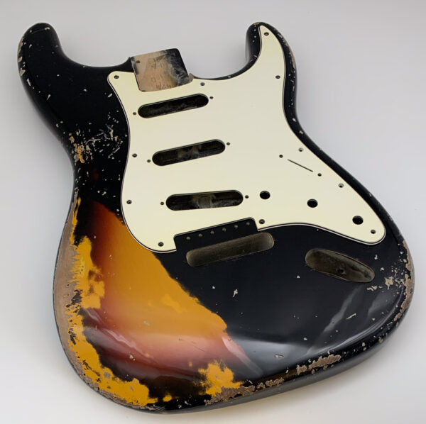 Nitro Lacquer Relic Black Over 3 Tone Sunburst S-Style Guitar Body (4lbs 3oz) - Image 4