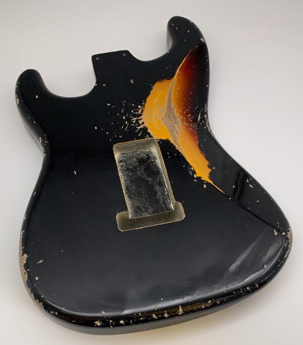 Nitro Lacquer Relic Black Over 3 Tone Sunburst S-Style Guitar Body (4lbs 3oz) - Image 13