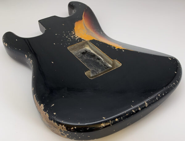 Nitro Lacquer Relic Black Over 3 Tone Sunburst S-Style Guitar Body (4lbs 3oz) - Image 14