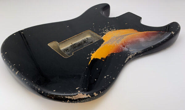 Nitro Lacquer Relic Black Over 3 Tone Sunburst S-Style Guitar Body (4lbs 3oz) - Image 15