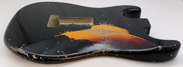 Nitro Lacquer Relic Black Over 3 Tone Sunburst S-Style Guitar Body (4lbs 3oz) - Image 16